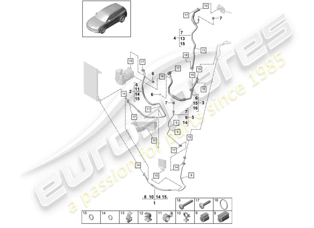 porsche 2021 (cayenne e3 9ya/9yb) circuito refrigerante r4 r1234yf refrigerante para vehículos con propulsión híbrida diagrama de piezas