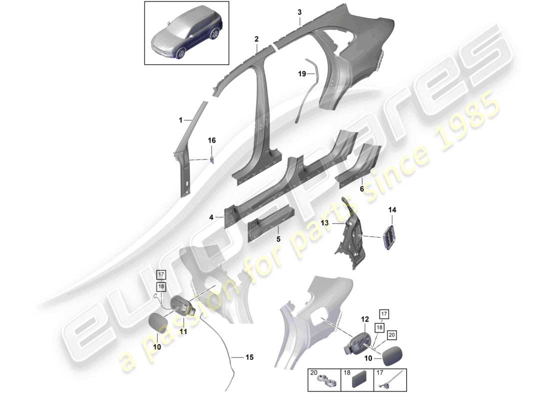 porsche 2021 (cayenne e3 9ya/9yb) pieza lateral exterior pieza seccional - panel lateral diagrama de piezas
