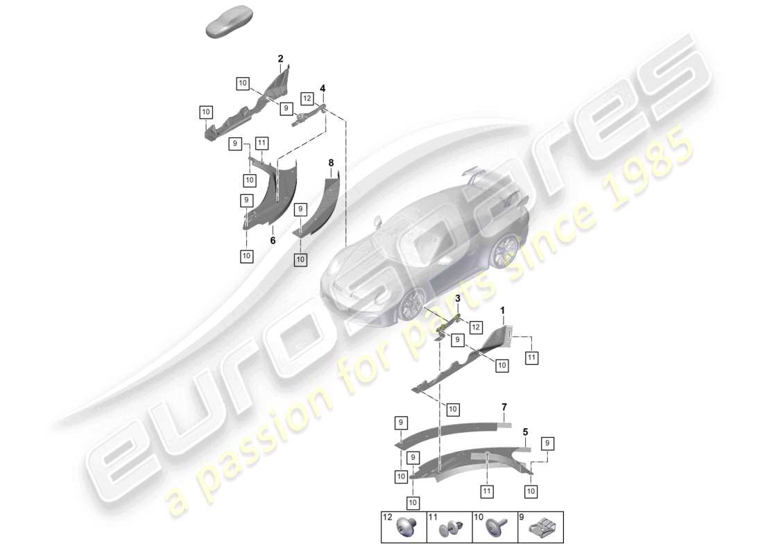 porsche 2026 (992-2 gt3) diagrama de piezas del conducto de aire cw de la moldura inferior de la carrocería