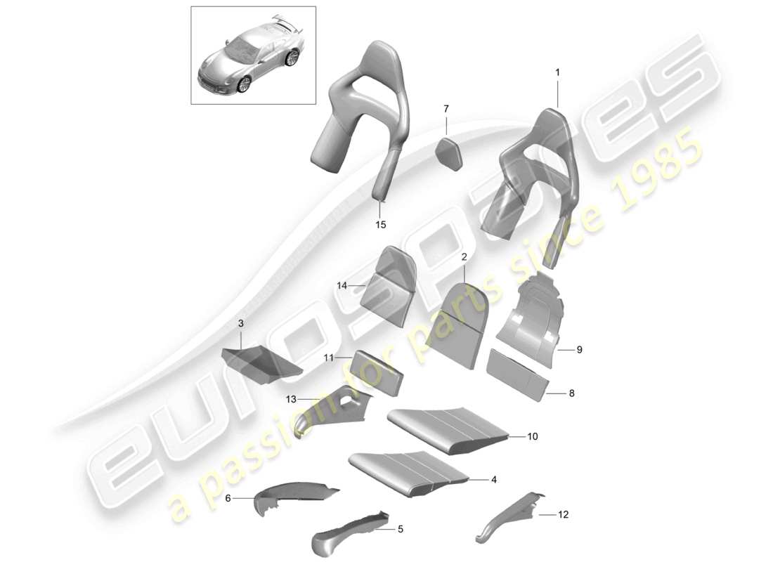 porsche 2021 (991-2 r/gt3/rs) fundas de respaldo de parte de espuma fundas de asiento superficie del asiento y respaldo asiento tipo butaca diagrama de piezas plegables