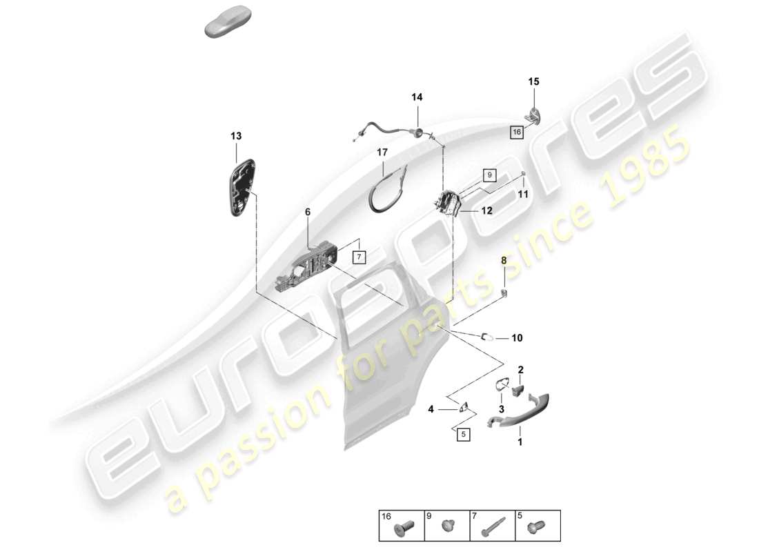 porsche 2023 (cayenne e3 pa) manija de la puerta, diagrama de piezas de la cerradura de la puerta trasera exterior