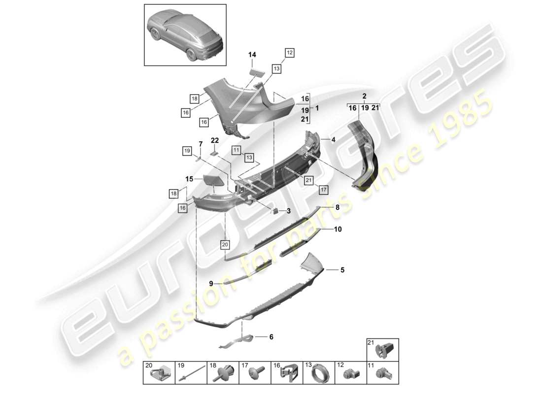 porsche 2021 (cayenne e3 9ya/9yb) diagrama de piezas del parachoques trasero del coupé turbo