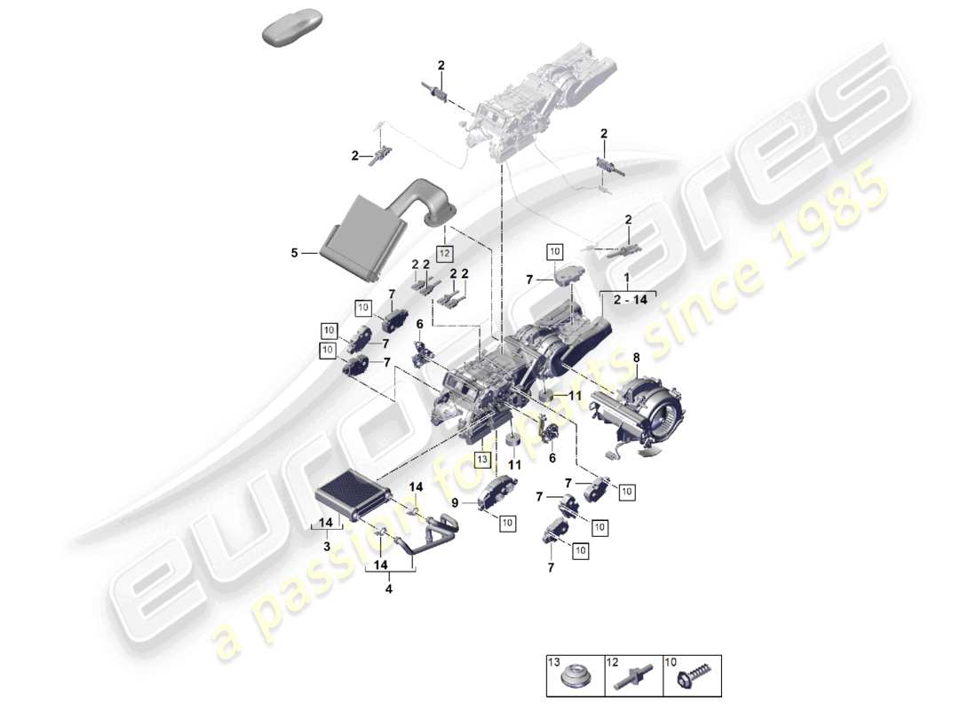 porsche 2023 (cayenne e3 pa) sistema de aire acondicionado/calefacción, carcasa del intercambiador de calor trasero piezas individuales para vehículos con intercambiador de calor 2nd diagrama de piezas