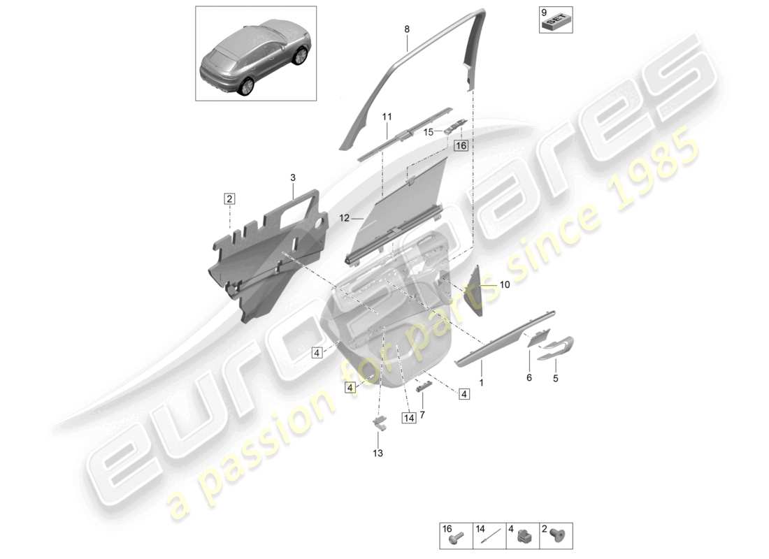 porsche 2024 (macan) diagrama de piezas del panel de la puerta trasera de accesorios