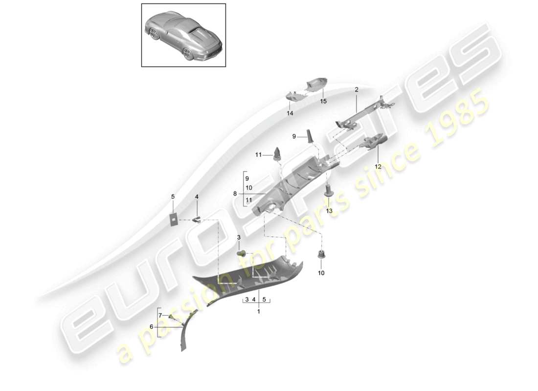 porsche 2021 (991-2 r/gt3/rs) diagrama de piezas de la moldura del pilar a