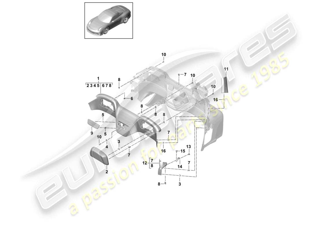 porsche 2021 (991-2 r/gt3/rs) diagrama de piezas de moldura de accesorios de travesaño