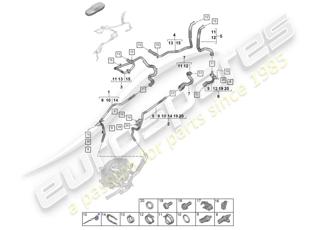 porsche 2026 (panamera 976) calefacción, sistema de aire acondicionado trasero para vehículos con propulsión híbrida sistema de refrigeración de la batería diagrama de piezas del sistema de refrigeración