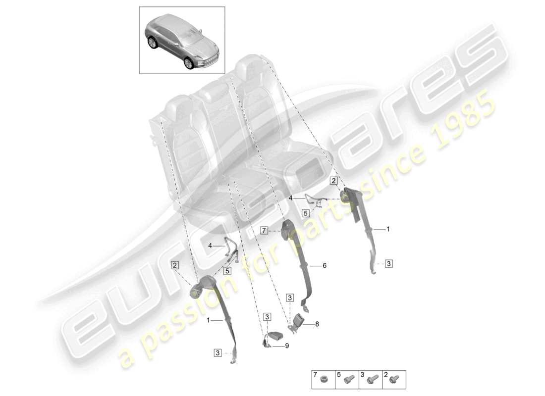 porsche 2021 (macan) diagrama de piezas del cierre del cinturón trasero del cinturón de seguridad de tres puntos