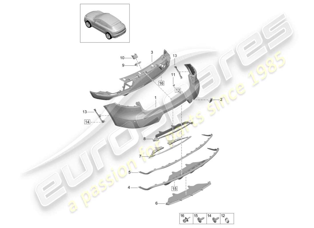 porsche 2021 (macan) diagrama de piezas del paquete sport design del parachoques trasero