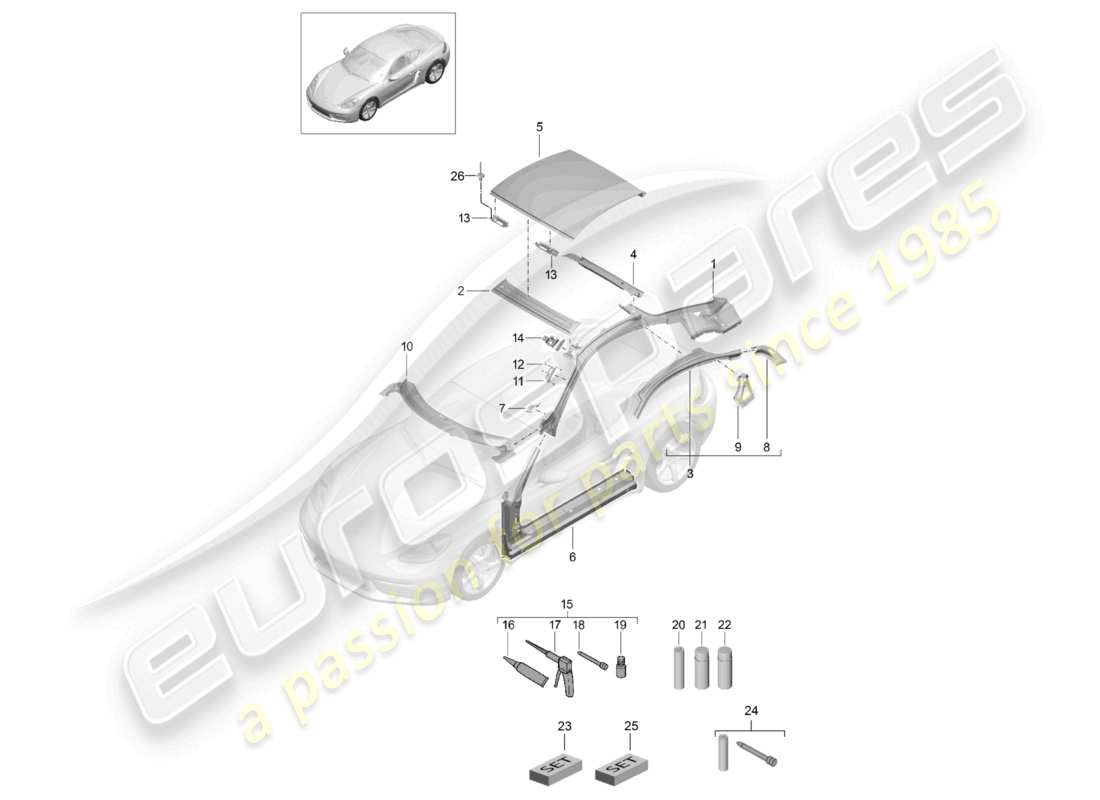 porsche 2023 (718 cayman) diagrama de piezas de la trampilla del techo