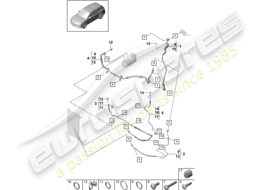 porsche 2024 (cayenne e3 9ya/9yb) circuito refrigerante v8 r1234yf refrigerante para vehículos con propulsión híbrida diagrama de piezas