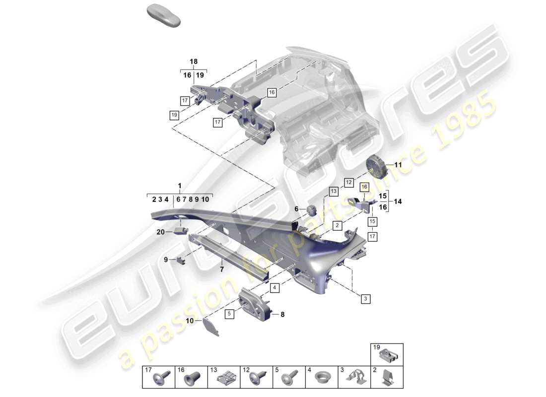 porsche 2026 (panamera 976) diagrama de piezas del compartimento de equipaje con moldura del pilar d