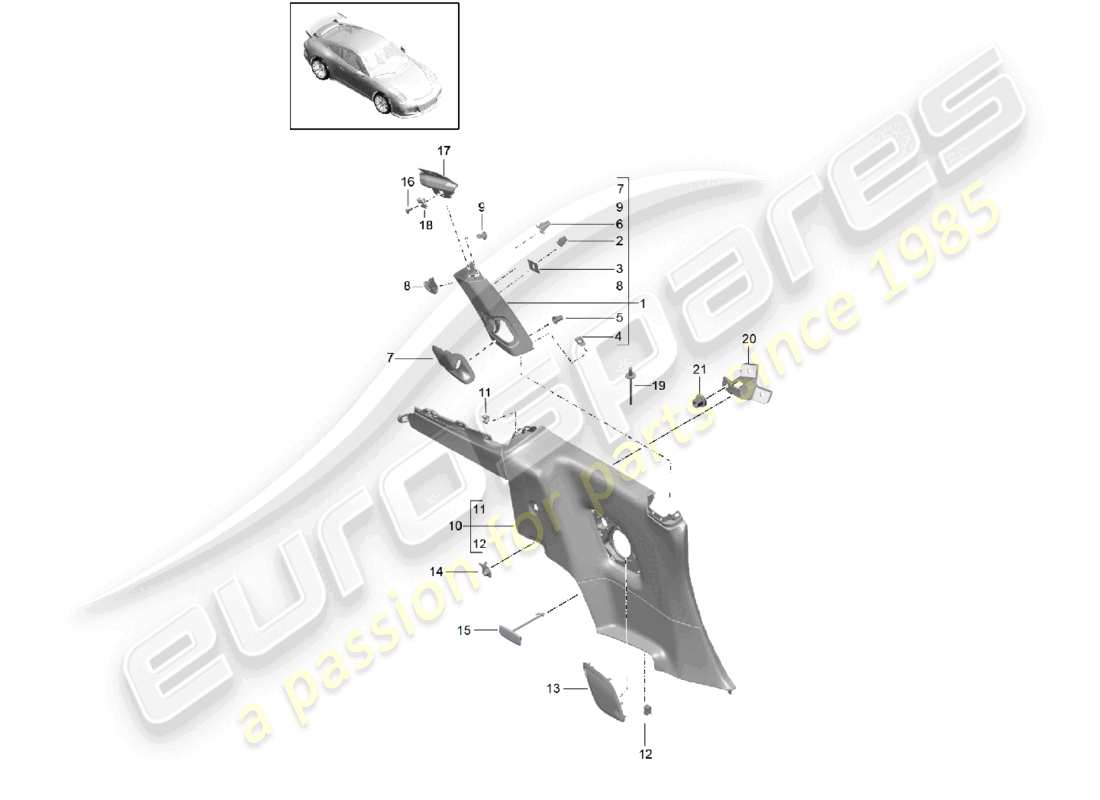 porsche 2021 (991-2 r/gt3/rs) moldura del panel lateral del pilar b d - mj 2018>> diagrama de piezas