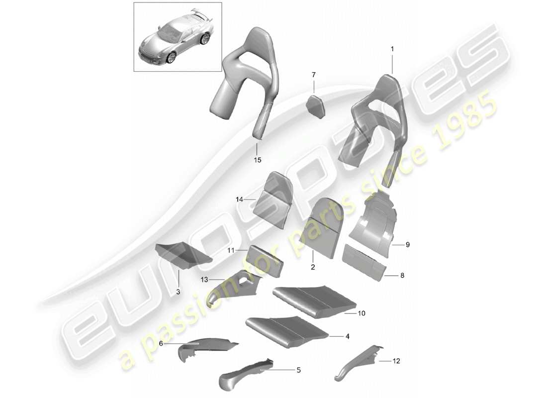 porsche 2021 (991-2 r/gt3/rs) diagrama de piezas plegables de espuma para cubiertas de respaldo y asientos tipo butaca