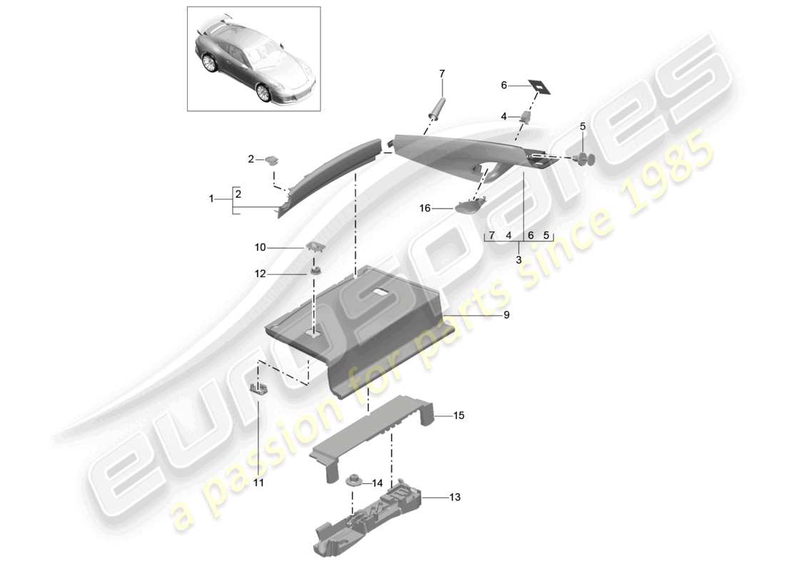 porsche 2021 (991-2 r/gt3/rs) diagrama de piezas del pilar c trasero de las molduras