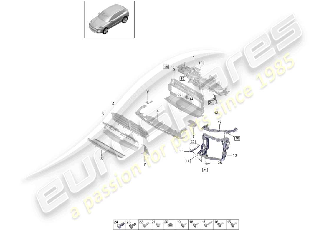 porsche 2021 (macan) diagrama de piezas del portador de bloqueo y guía de aire del refrigerante tfsi r4