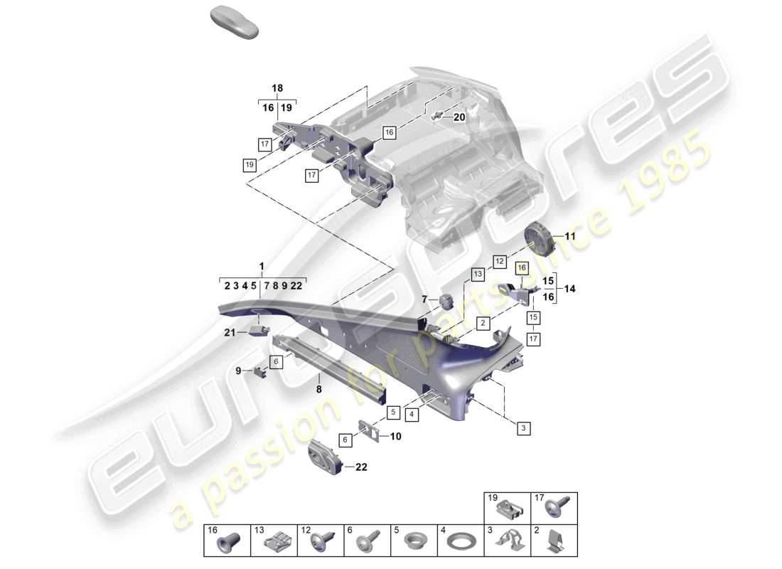 porsche 2026 (panamera 976) diagrama de piezas del compartimento de equipaje con moldura del pilar d