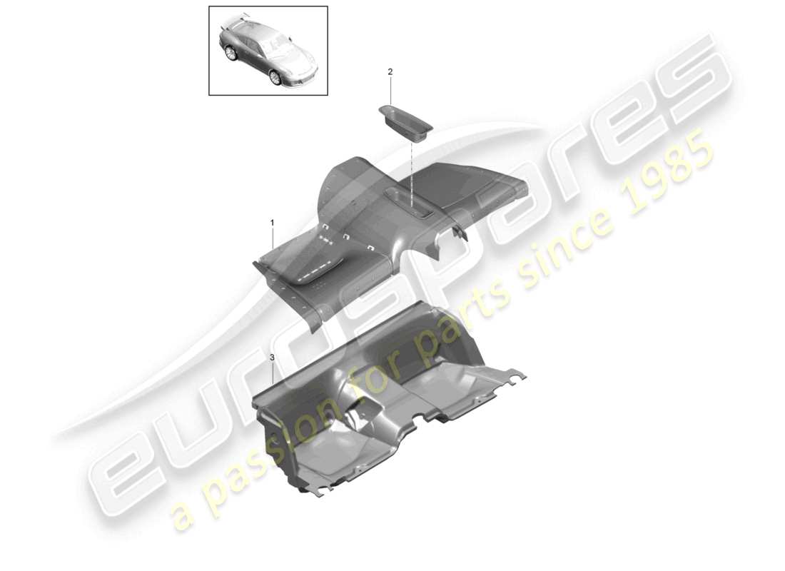 porsche 2021 (991-2 r/gt3/rs) diagrama de piezas del compartimento del asiento trasero