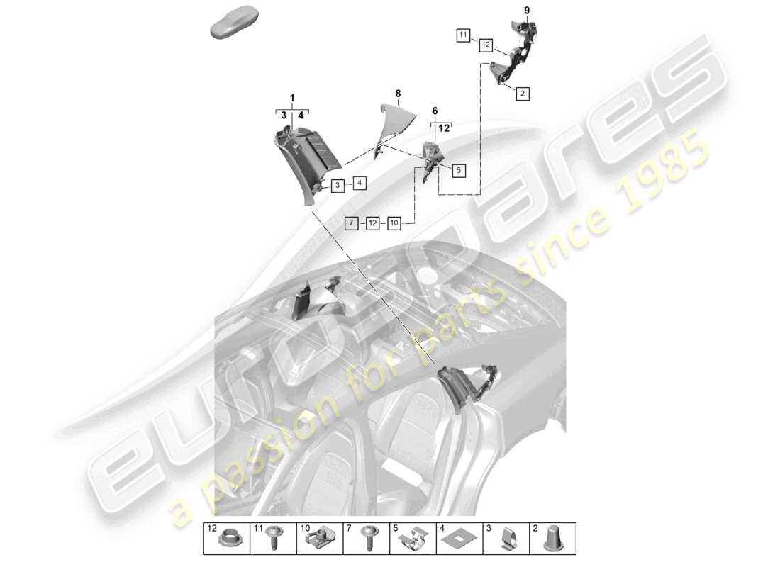 porsche 2025 (panamera 976) diagrama de piezas del revestimiento del pilar c