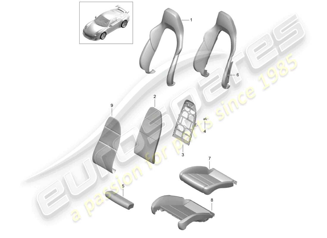 porsche 2021 (991-2 r/gt3/rs) fundas de respaldo de piezas de espuma fundas de asiento asiento deportivo diagrama de piezas plus