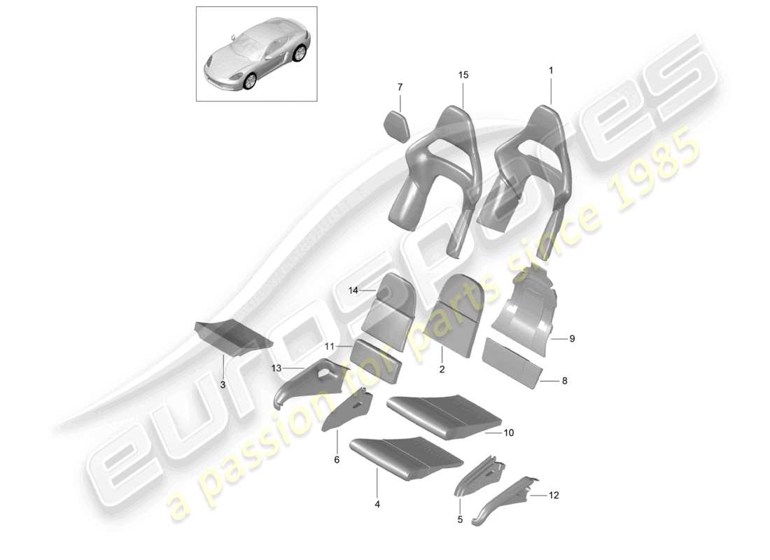 porsche 2022 (718 cayman) parte de espuma fundas de respaldo plegables fundas de asiento superficie del asiento y respaldo asiento tipo butaca diagrama de piezas