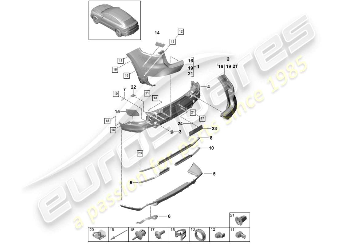 porsche 2021 (cayenne e3 9ya/9yb) diagrama de piezas del parachoques trasero del cupé