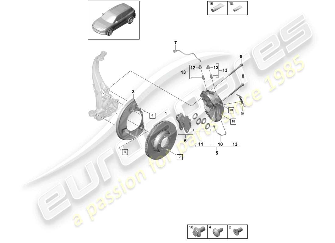 porsche 2021 (cayenne e3 9ya/9yb) freno de disco 18 eje delantero diagrama de piezas negro/verde