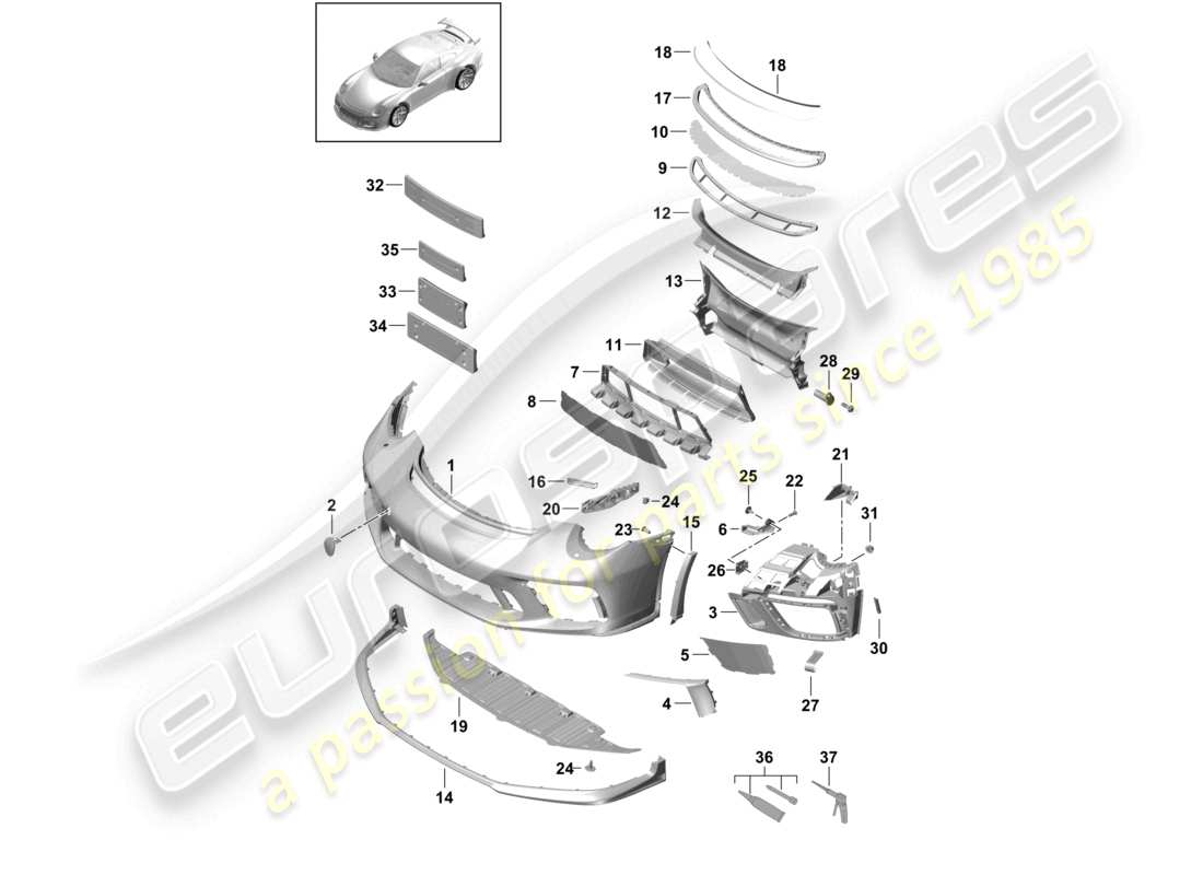 porsche 2021 (991-2 r/gt3/rs) diagrama de piezas del alerón delantero del parachoques