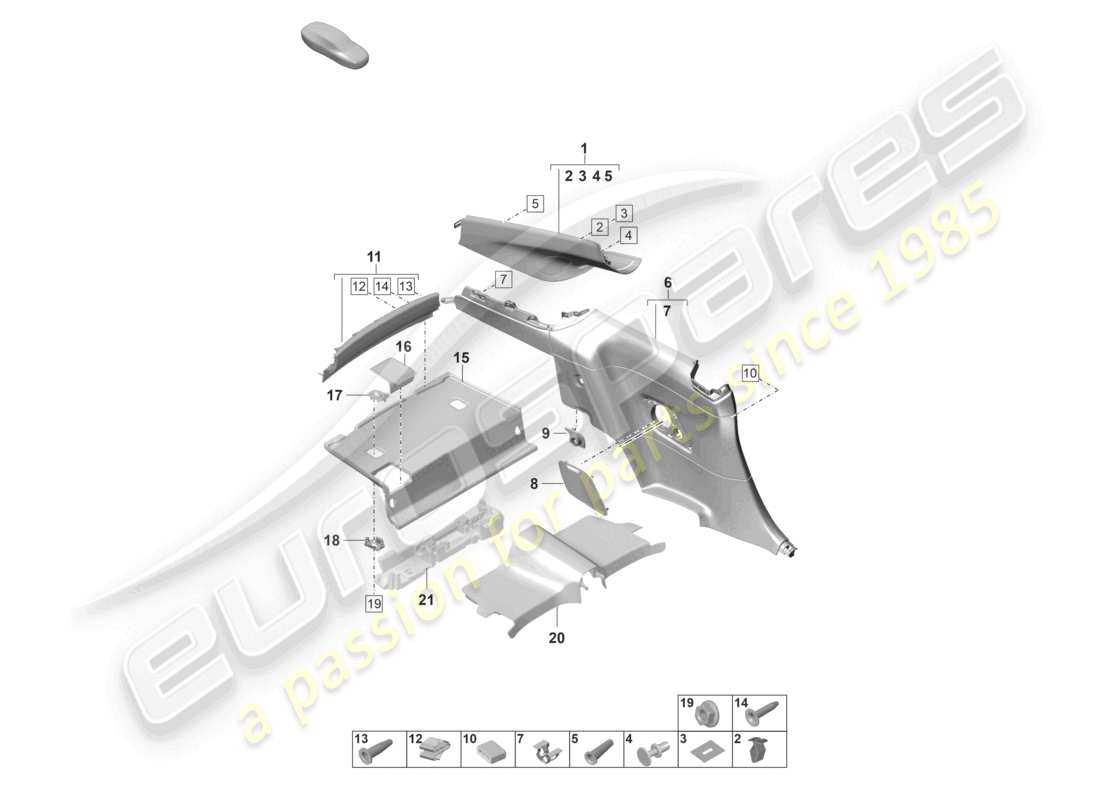 porsche 2021 (992-1 gt3/rs/st) diagrama de piezas del panel lateral trasero del revestimiento del pilar c