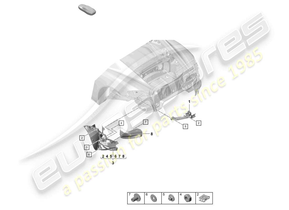 porsche 2021 (718 cayman gt4) diagrama de piezas de fijación del parachoques trasero