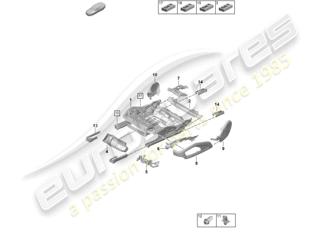 porsche 2024 (992-2) diagrama de piezas varias del armazón del asiento accesorios
