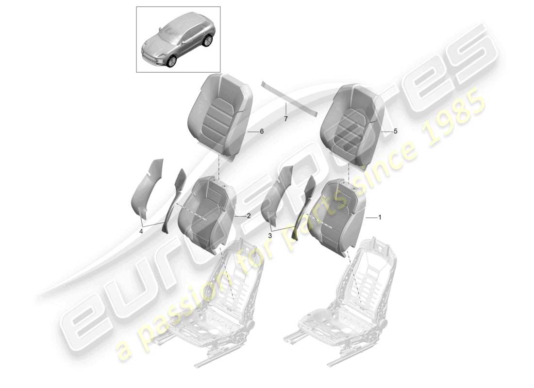 porsche 2021 (macan) diagrama de piezas del asiento deportivo con cubierta de respaldo de espuma