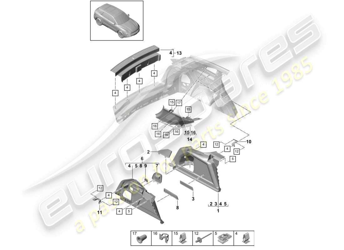 porsche 2021 (cayenne e3 9ya/9yb) diagrama de piezas del revestimiento del pilar d lateral del maletero