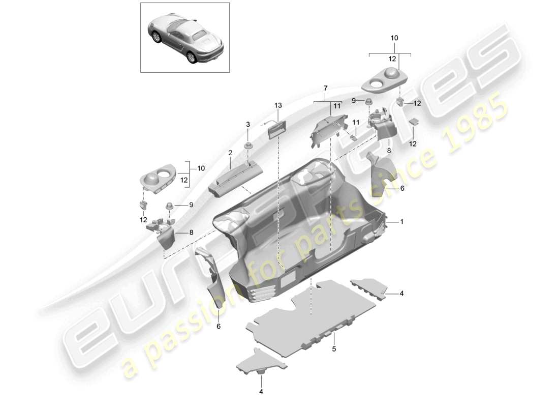 porsche 2021 (718 boxster) diagrama de piezas del revestimiento del maletero trasero