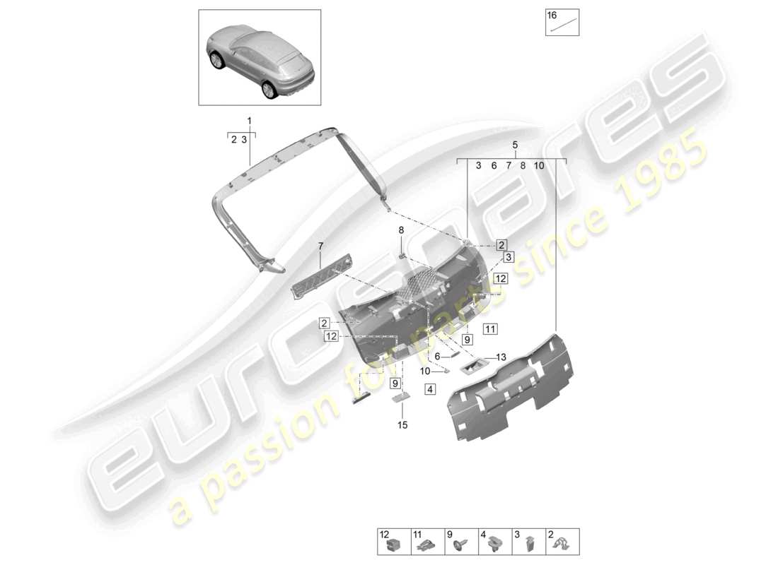 porsche 2021 (macan) panel interior de moldura de la tapa trasera diagrama de piezas