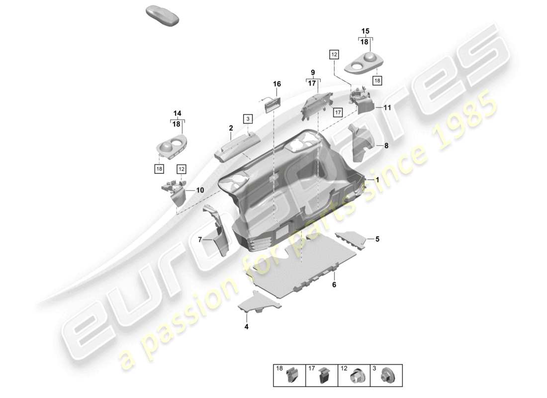 porsche 2021 (718 boxster spyder) diagrama de piezas del revestimiento del compartimento de equipaje trasero
