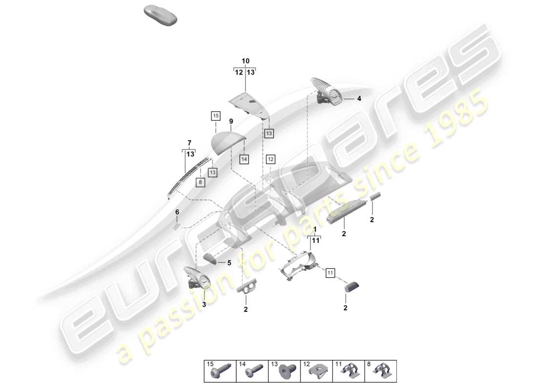 porsche 2021 (718 cayman gt4) accesorios moldura del panel de instrumentos parte superior diagrama de piezas