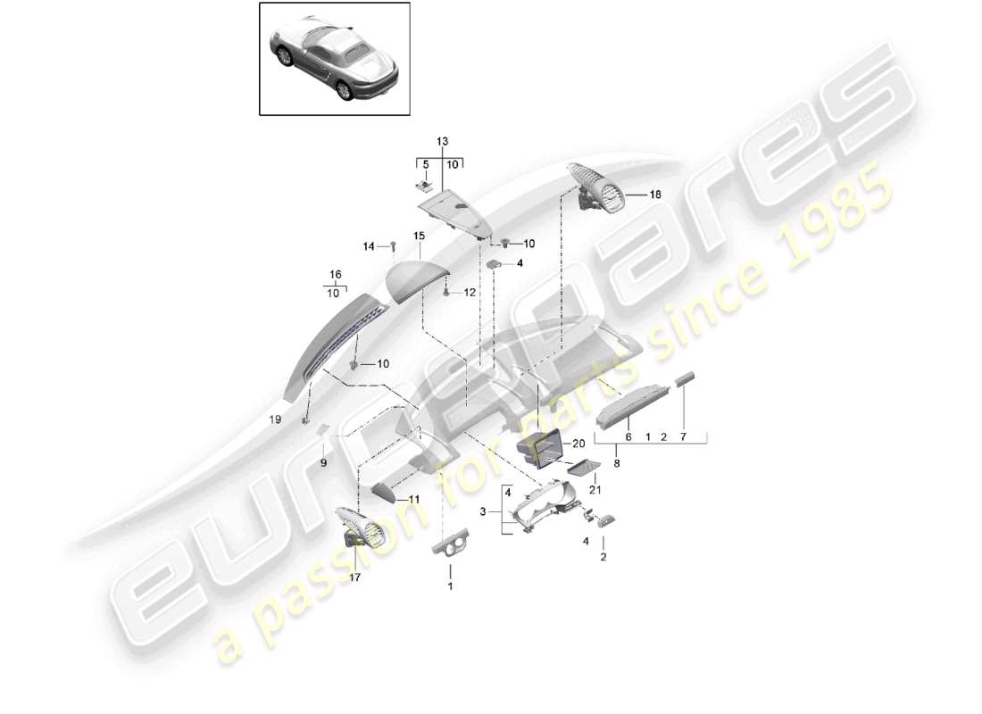 porsche 2021 (718 boxster) accesorios moldura del panel de instrumentos parte superior diagrama de piezas