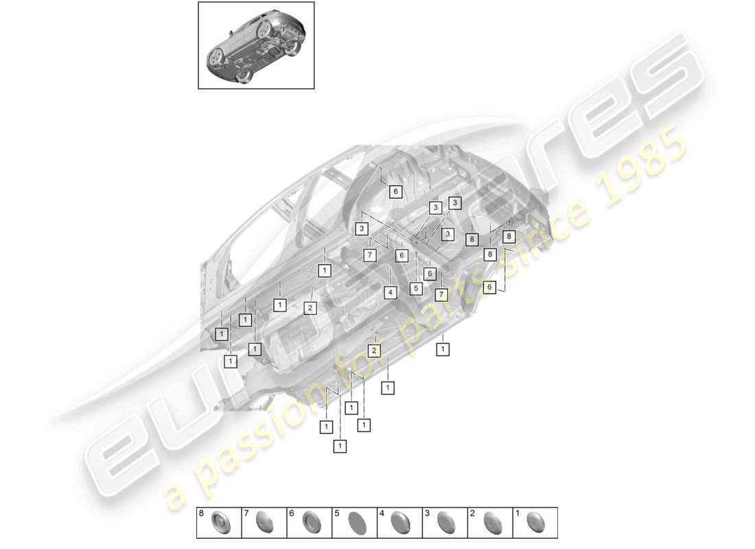 porsche 2024 (macan) diagrama de piezas de los bajos de la carrocería exterior inferior de los tapones