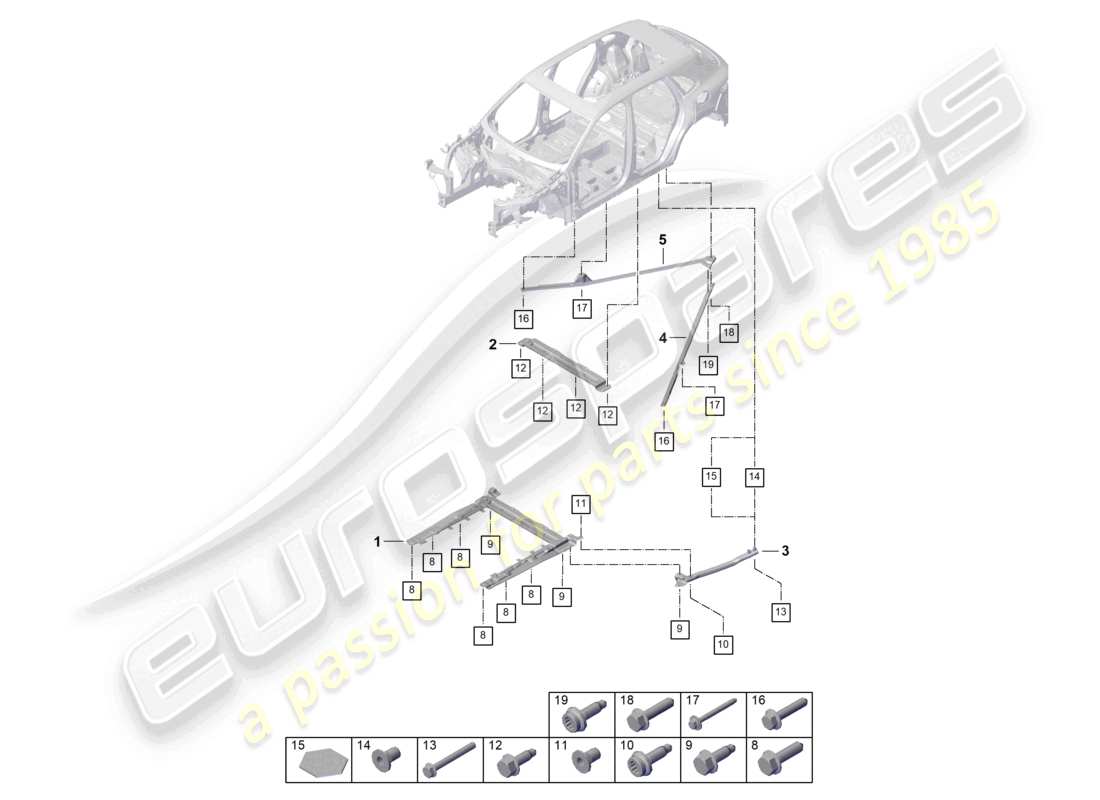 porsche 2025 (cayenne e3 pa) diagrama de piezas de la parte inferior de la carrocería trasera del puntal de domo