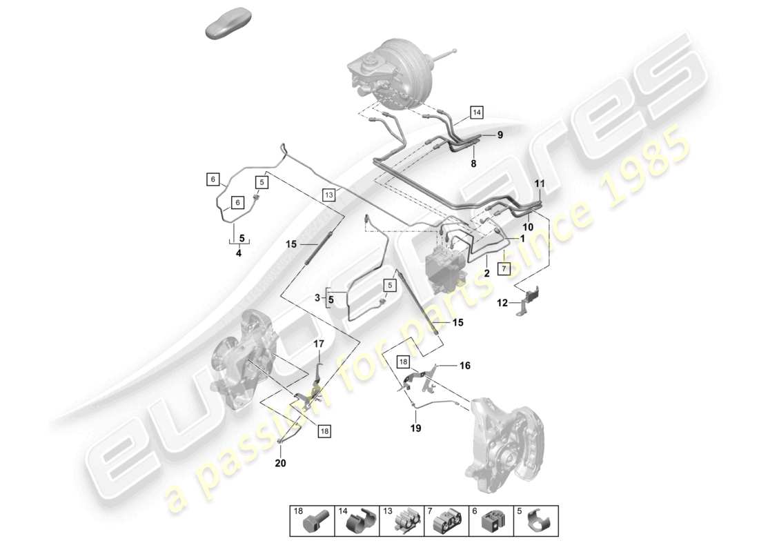 porsche 2021 (718 cayman gt4) diagrama de piezas de la línea de freno delantera