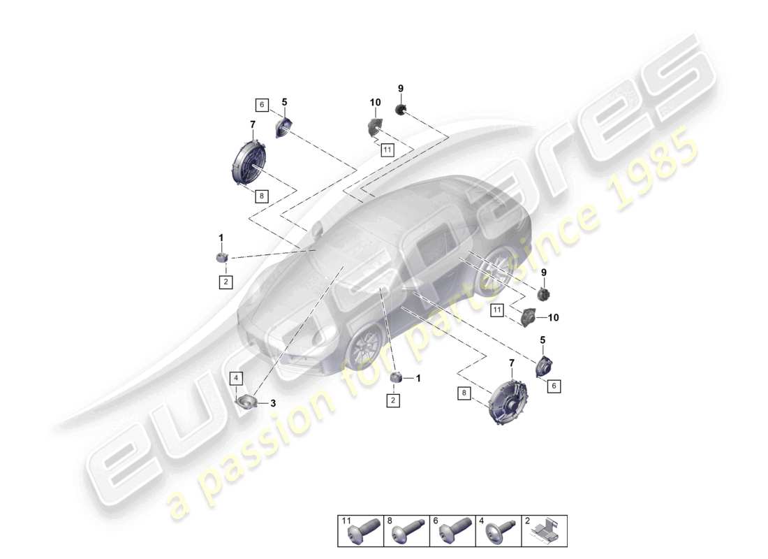 porsche 2024 (992-2) diagrama de piezas del sistema de sonido bose básico con altavoces