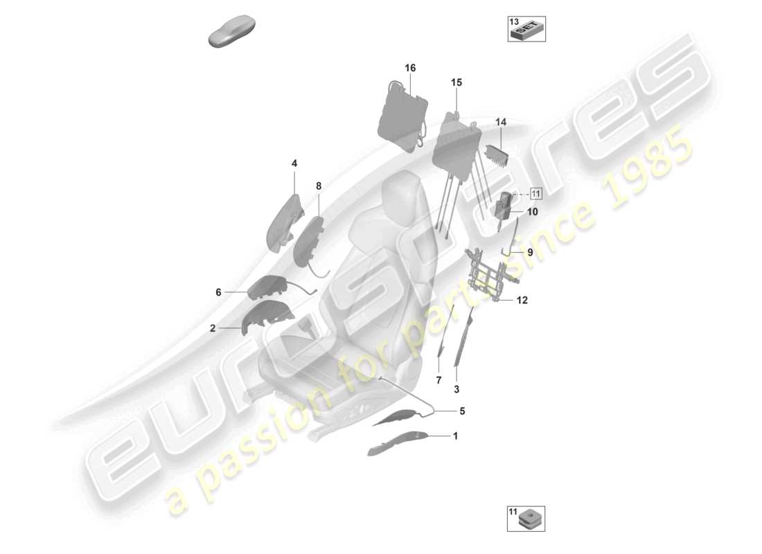 porsche 2021 (taycan 9j1-1) componentes neumáticos para asientos para vehículos con ajuste eléctrico del asiento 14-way para modelos con asientos ajustables eléctricamente 18-way diagrama de piezas