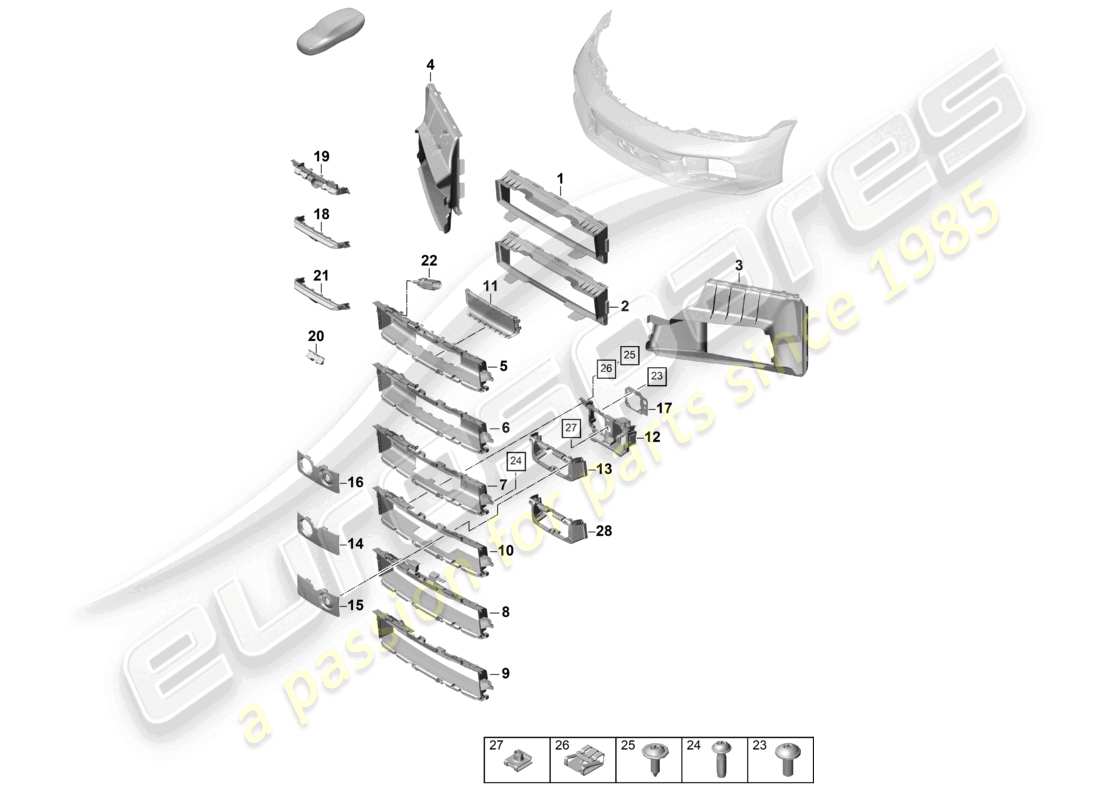 porsche 2024 (992-2) diagrama de piezas de la guía de aire del parachoques delantero y piezas individuales