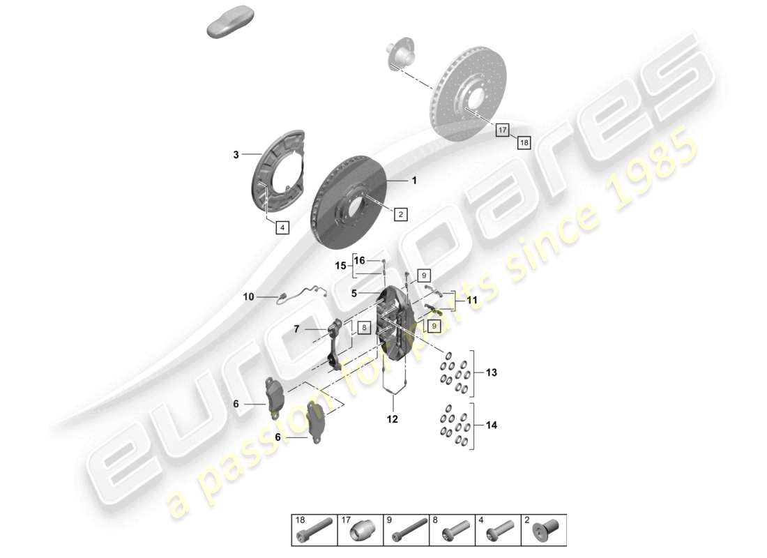 porsche 2023 (992-1 turbo / s) diagrama de piezas del eje delantero del freno de disco