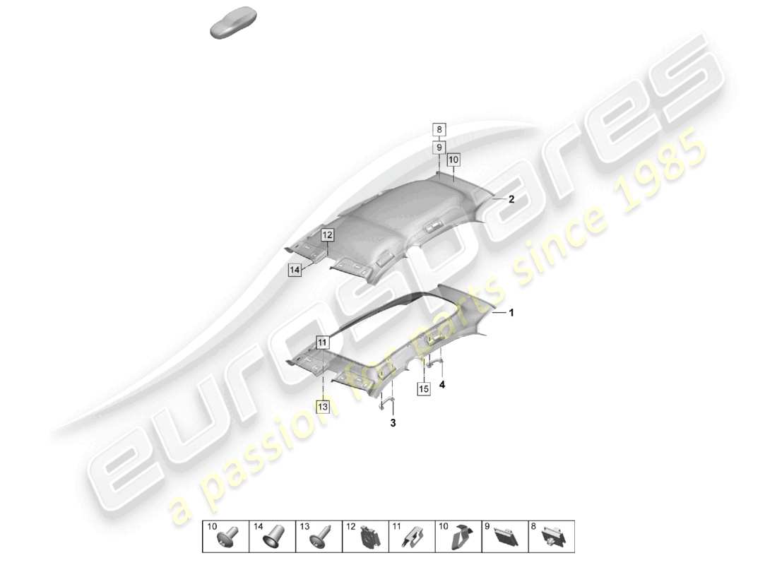 porsche 2026 (taycan 9j1-2) diagrama de piezas del revestimiento del techo moldeado