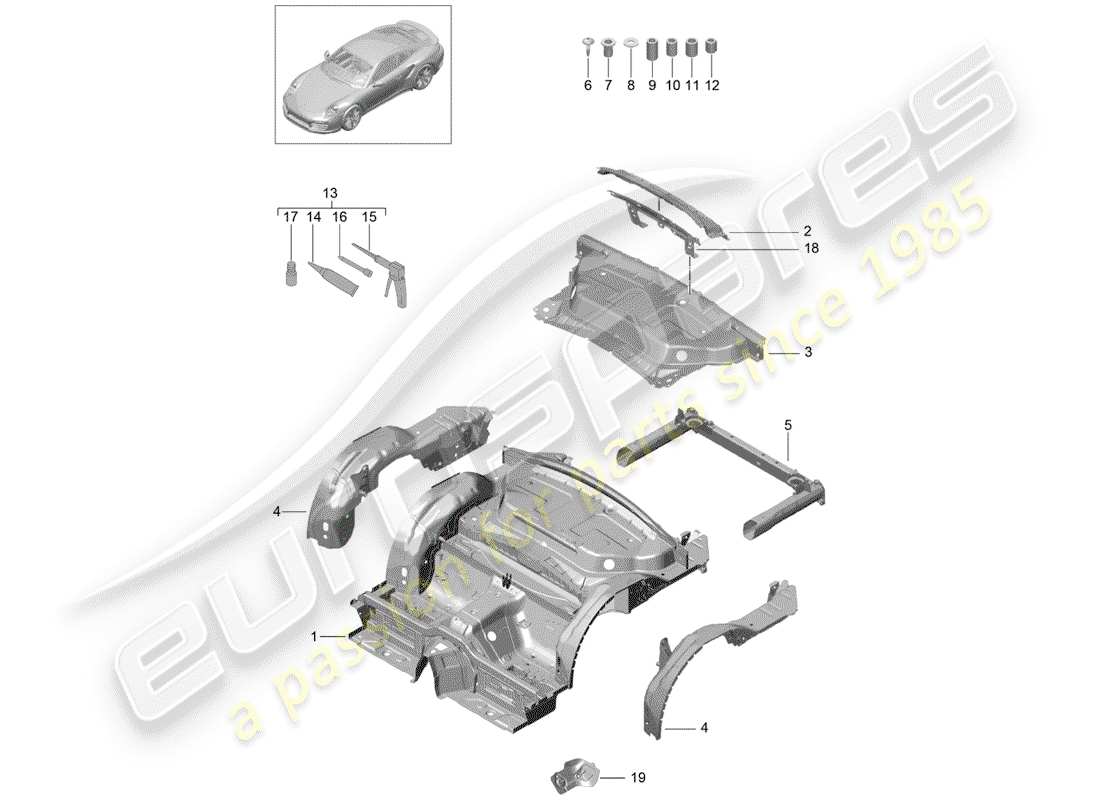 porsche 991 turbo (2018) diagrama de piezas del extremo trasero
