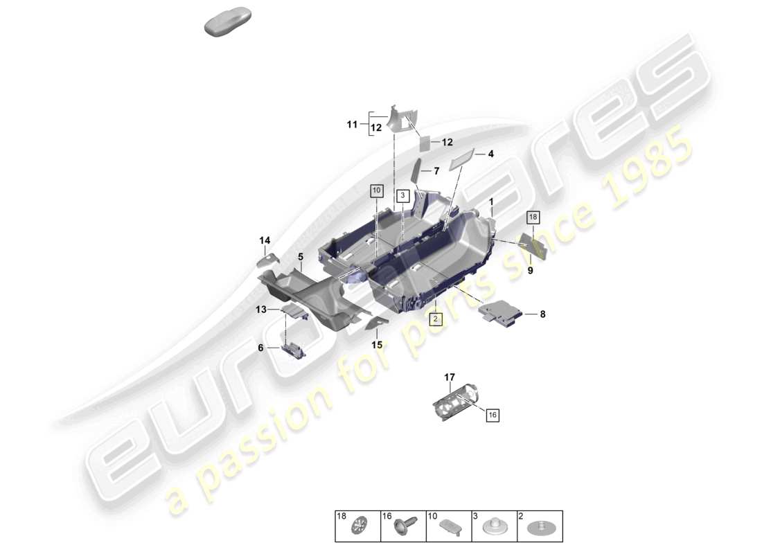 porsche 2025 (992-2 gt3) diagrama de piezas de molduras para pisos (alfombras)