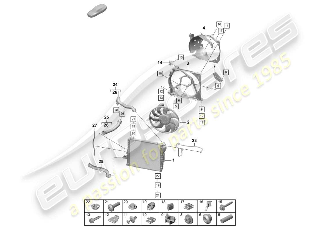 porsche 2021 (718 cayman gt4) diagrama de piezas del ventilador del radiador delantero del enfriador de refrigerante