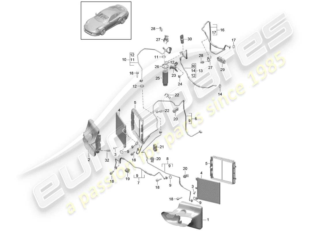 porsche 2018 (991-2 turbo) circuito refrigerante diagrama de piezas